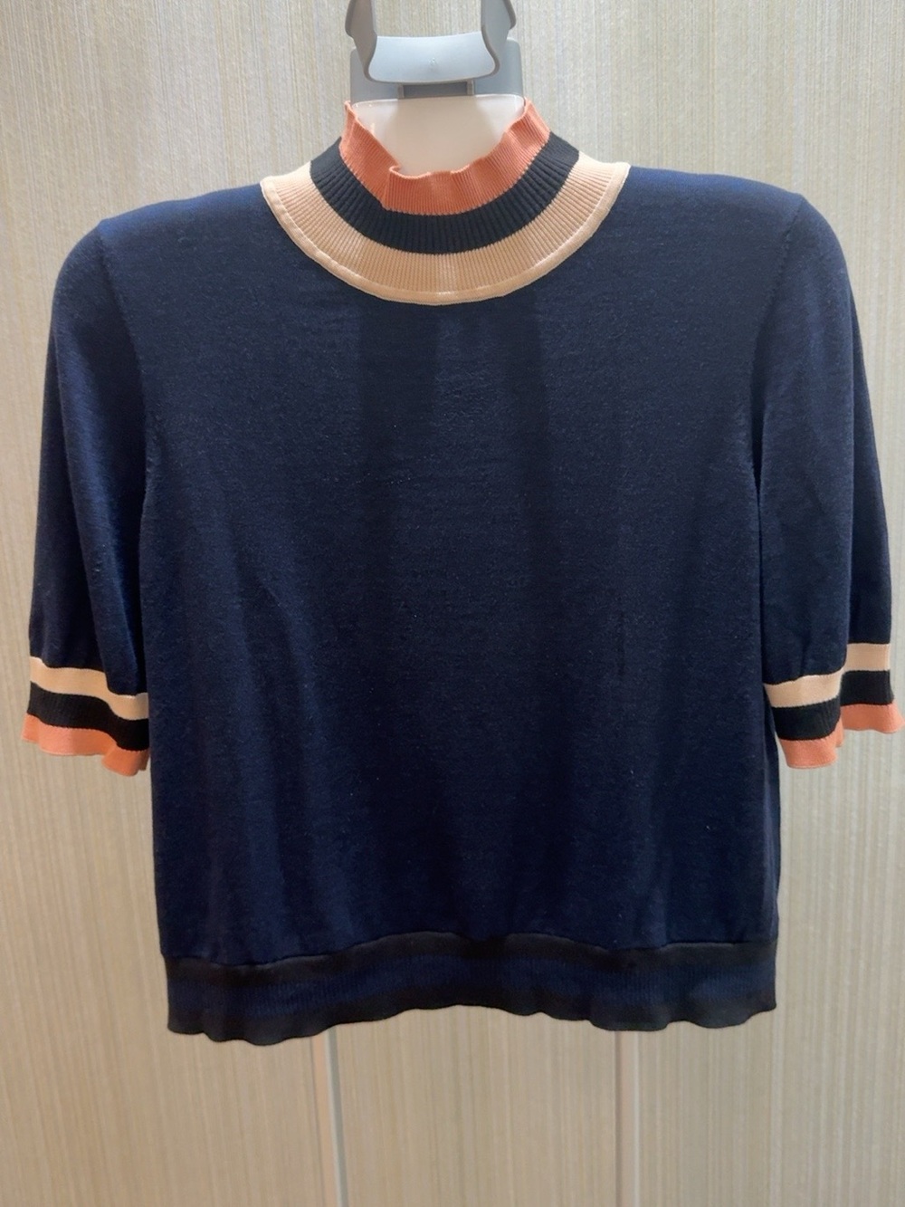 COS Silk Cotton Colorblock Mock Neck Knit Top Navy Size S